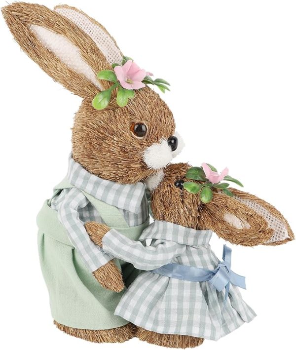 DR.DUDU 9.5" Easter Decorations for Home, Straw Easter Bunnies –Mother & Baby Daughter Figurine Decor, Mother's Day