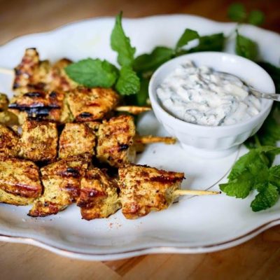 Tandoori Chicken Skewers with Mint Raita